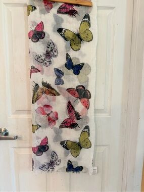 Steinmark Butterfly Print Lightweight Scarf in White, Pink, Yellow, Blue